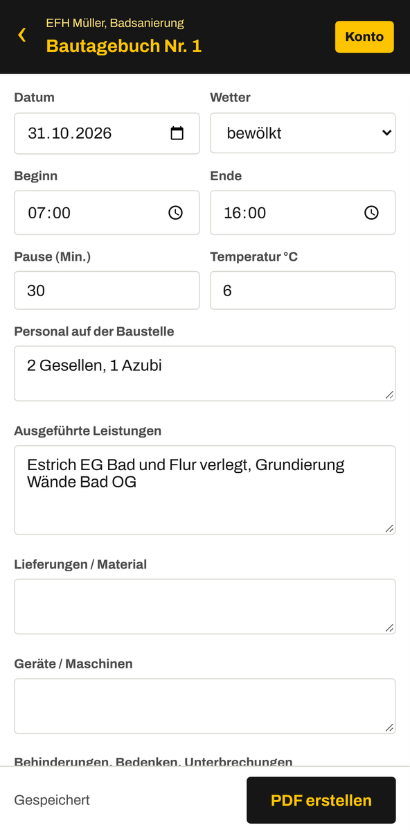 BaustellenMappe auf dem Handy: Tagesbericht mit Wetter, Personal, Leistungen und Fotos