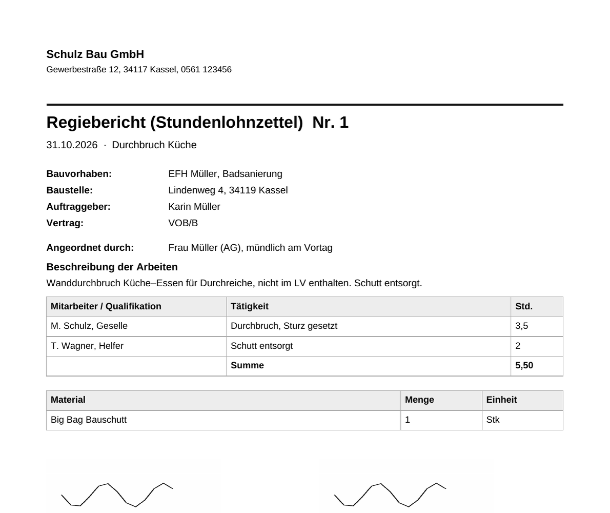 Beispiel-PDF eines Regieberichts mit Arbeitsstunden, Material und zwei Unterschriften